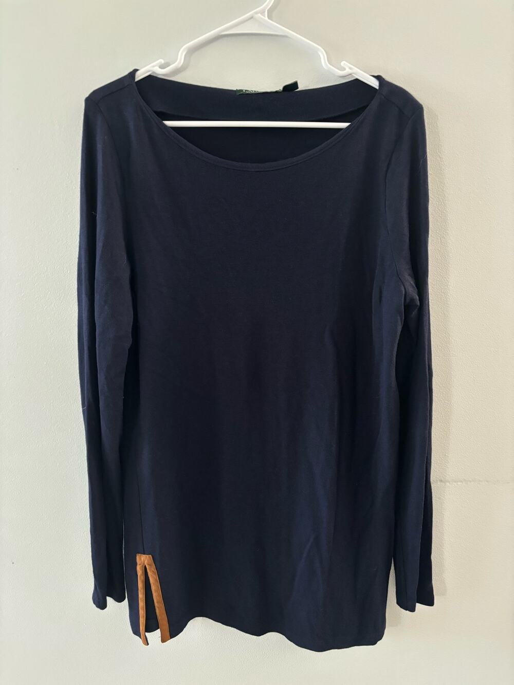Lauren Ralph Lauren Top Women's Large Navy Blue Tunic Viscose Wool Scoop Neck